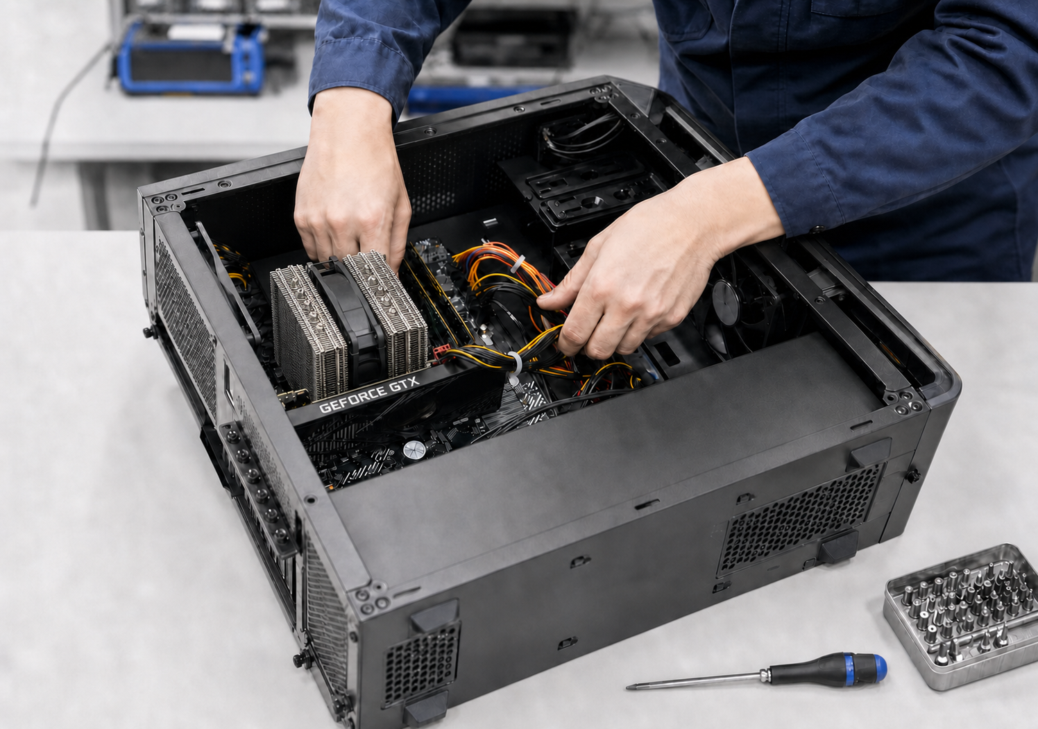 作業台に寝かせたPCへデュアルタワー型CPUクーラーを取り付ける技術者